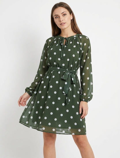 Vestido de lunares acampanado de manga larga - Caqui
