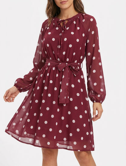 Vestido de lunares acampanado de manga larga - Burdeos