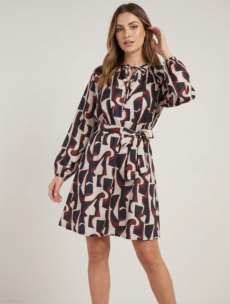 Vestido satinado de manga larga con estampado gráfico - Negro