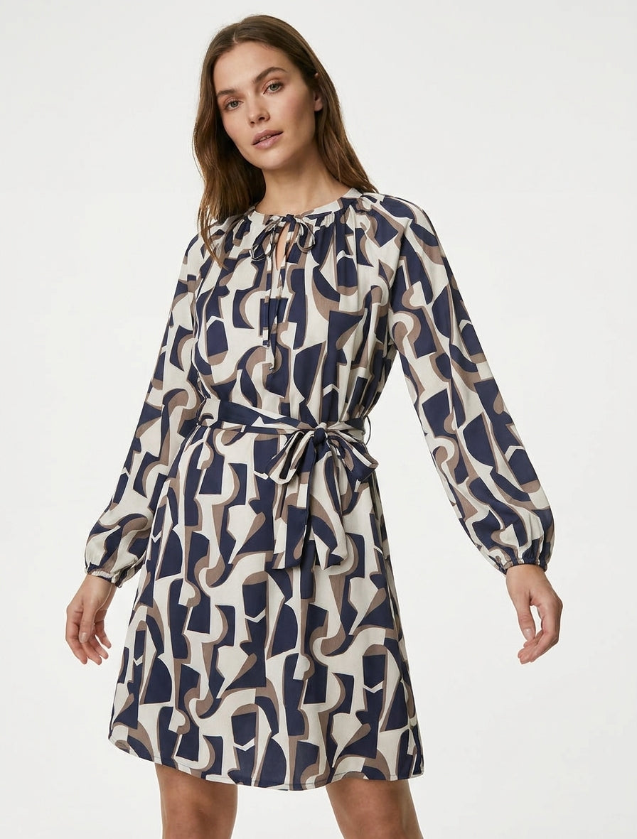Vestido satinado de manga larga con estampado gráfico - Marine