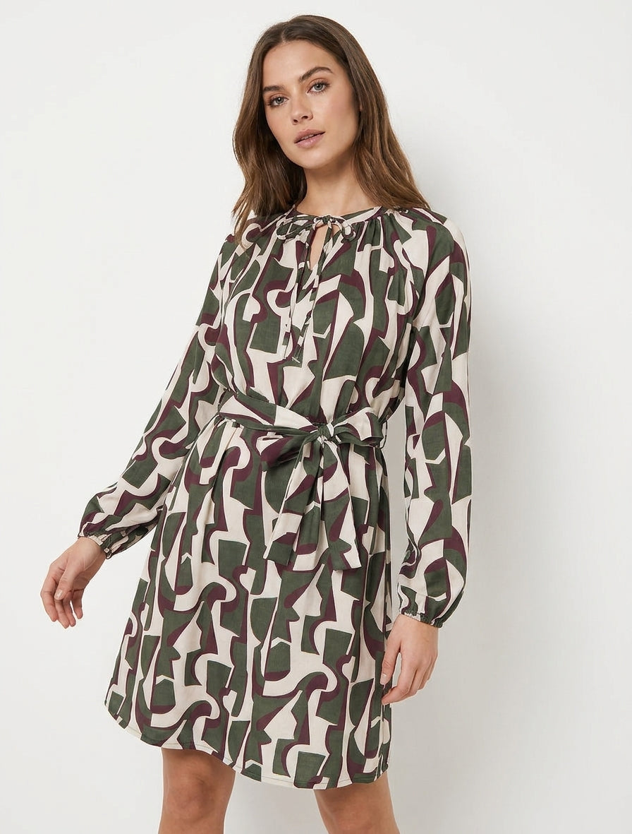 Vestido satinado de manga larga con estampado gráfico - Caqui