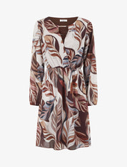 Vestido evasé con estampado de hojas estilizadas - Marrón
