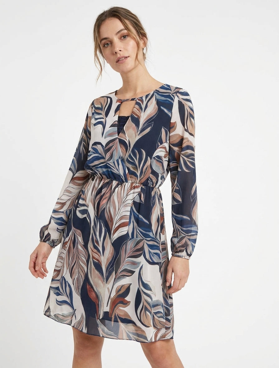 Vestido evasé con estampado de hojas estilizadas - Marine