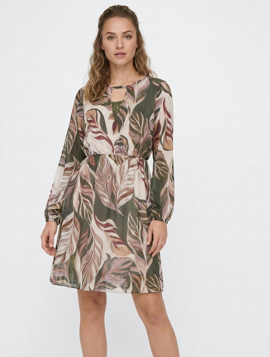 Vestido evasé con estampado de hojas estilizadas - Caqui