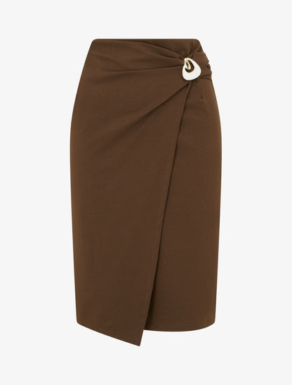 Jupe midi style portefeuille à bijou effet nacré - Marron - 1