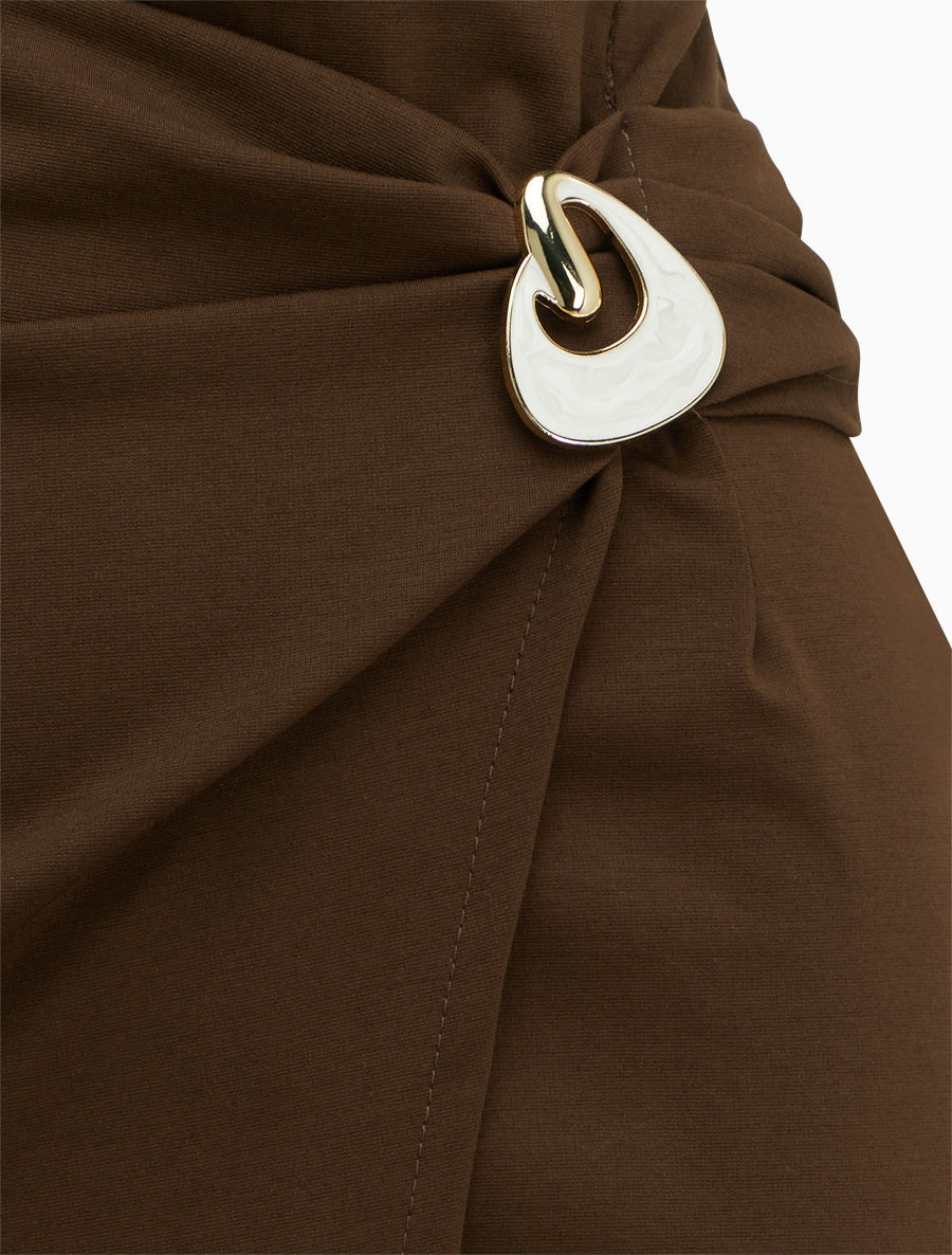 Jupe midi style portefeuille à bijou effet nacré - Marron - 3