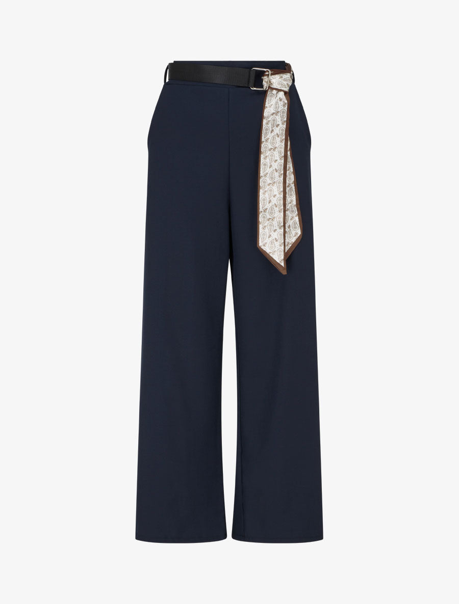 Pantalon ample à taille haute et ceinture style foulard - Marine - 1