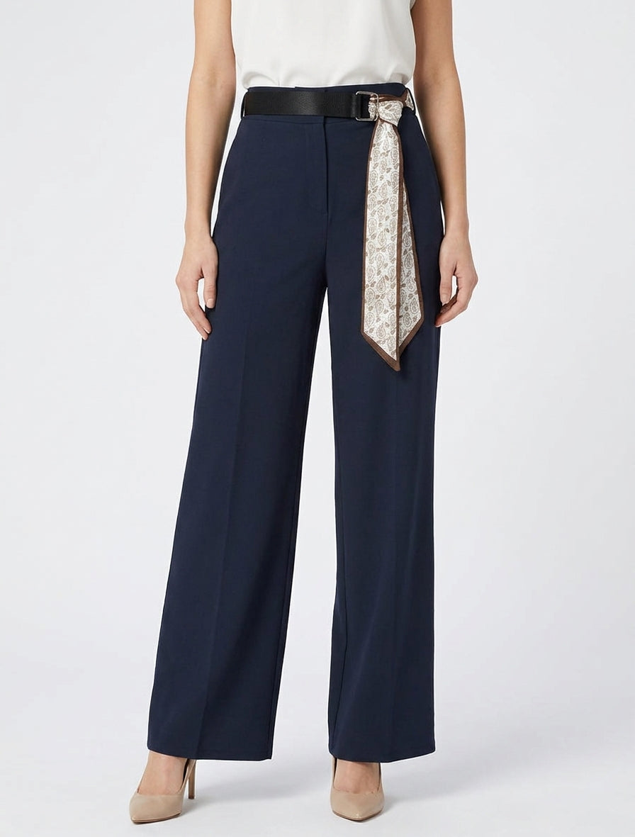 Pantalón ancho de talle alto con cinturón estilo pañuelo. - Marine