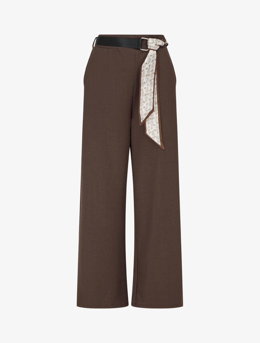 Pantalon ample à taille haute et ceinture style foulard - Marron - 1