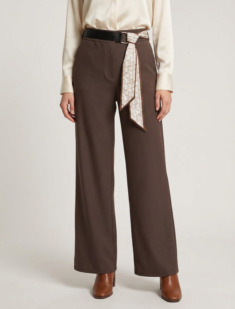 Pantalón ancho de talle alto con cinturón estilo pañuelo. - Marrón