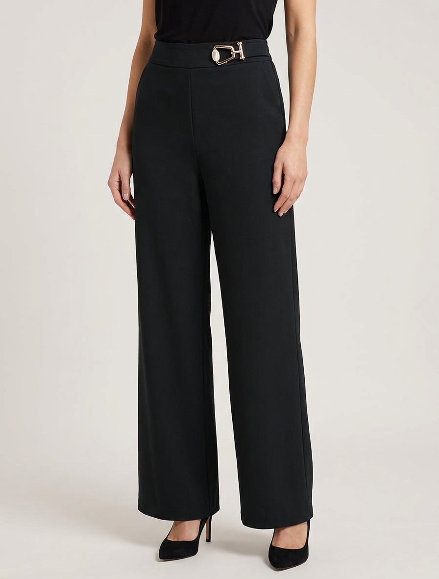 Pantalón ancho de talle alto con joya de fantasía - Negro