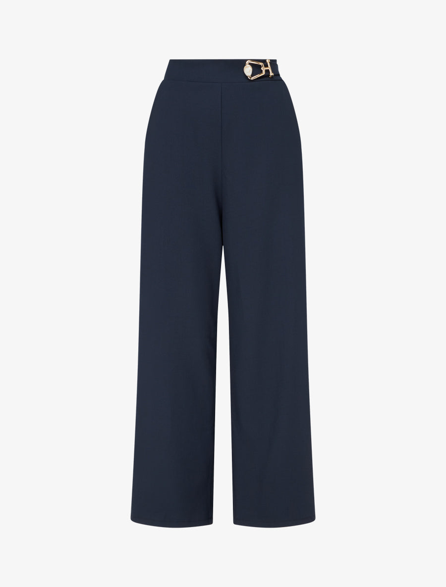 Pantalon ample taille haute à bijou fantaisie - Marine - 1