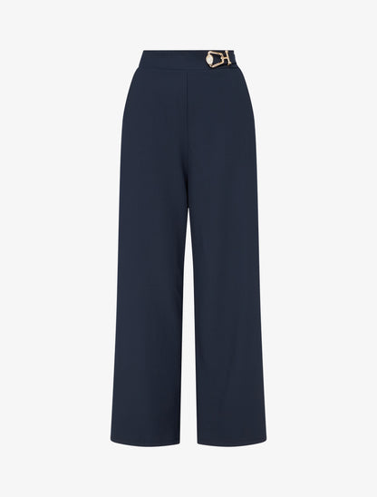 Pantalon ample taille haute à bijou fantaisie - Marine - 1