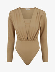 Body ajusté à col V et manches longues - Beige - 1