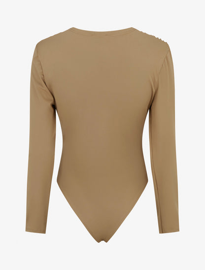 Body ajusté à col V et manches longues - Beige - 2