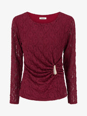 Top en dentelle à effet drapé et bijou métal - Lie de vin - 1
