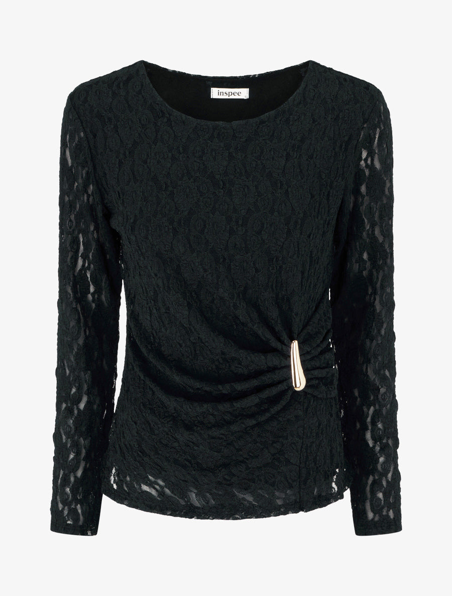 Top en dentelle à effet drapé et bijou métal - Noir - 1