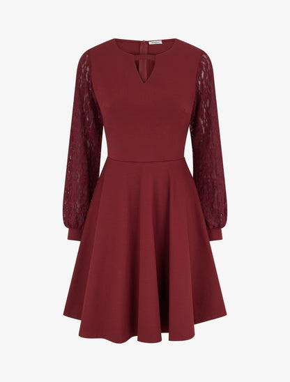 Robe patineuse à manches longues en dentelle - Bordeaux - 1
