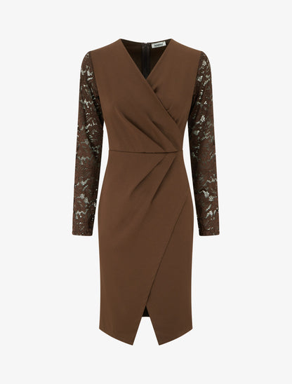 Robe portefeuille ajustée à manches en dentelle - Marron - 1
