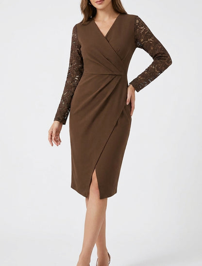Vestido cruzado ajustado con mangas de encaje - Marrón