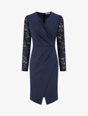 Robe portefeuille ajustée à manches en dentelle - Marine - 1