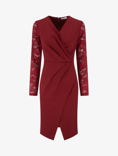 Robe portefeuille ajustée à manches en dentelle - Bordeaux - 1