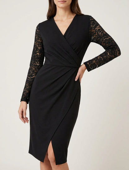 Vestido cruzado ajustado con mangas de encaje - Negro
