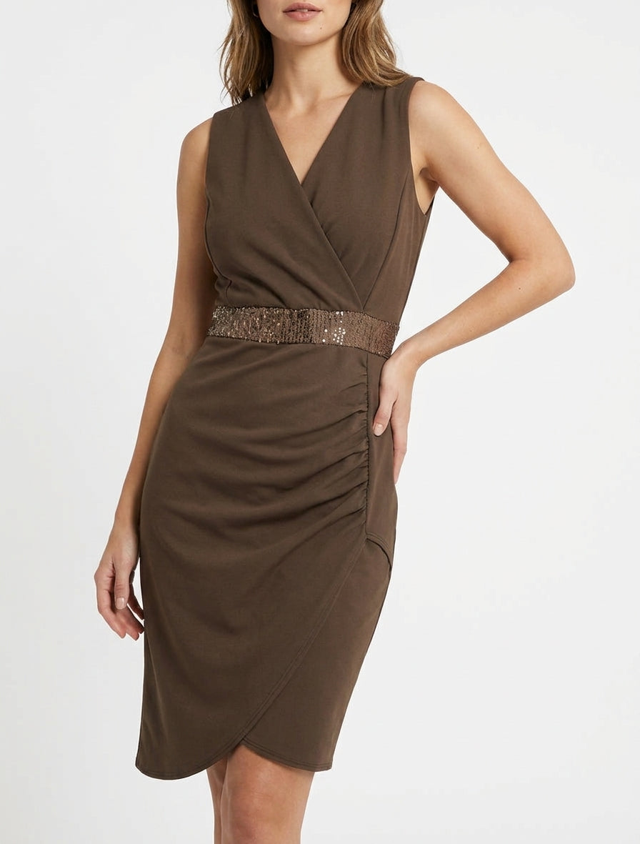Vestido cruzado sin mangas con lentejuelas - Marrón