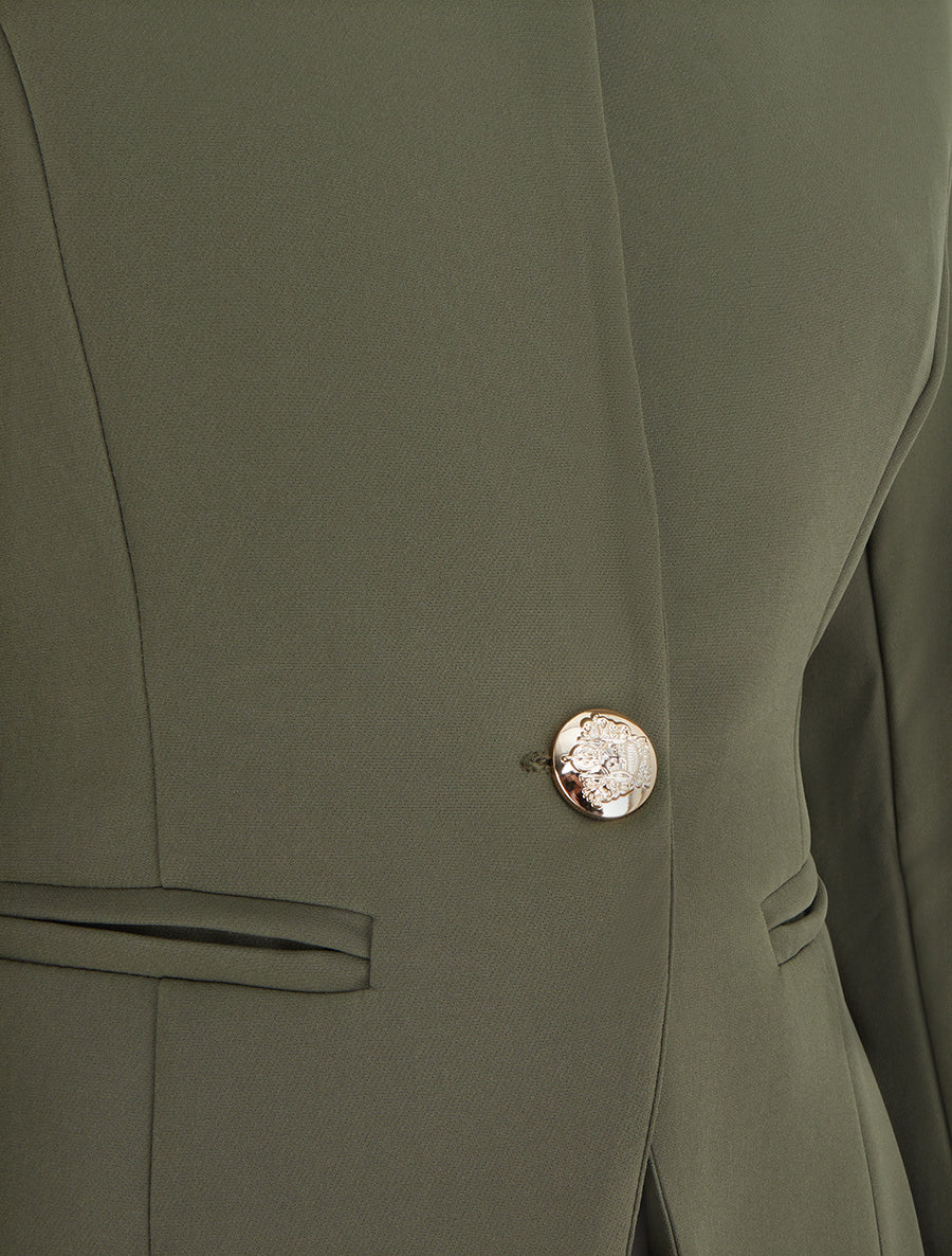 Veste un bouton à épaulettes et col rond - Kaki - 3
