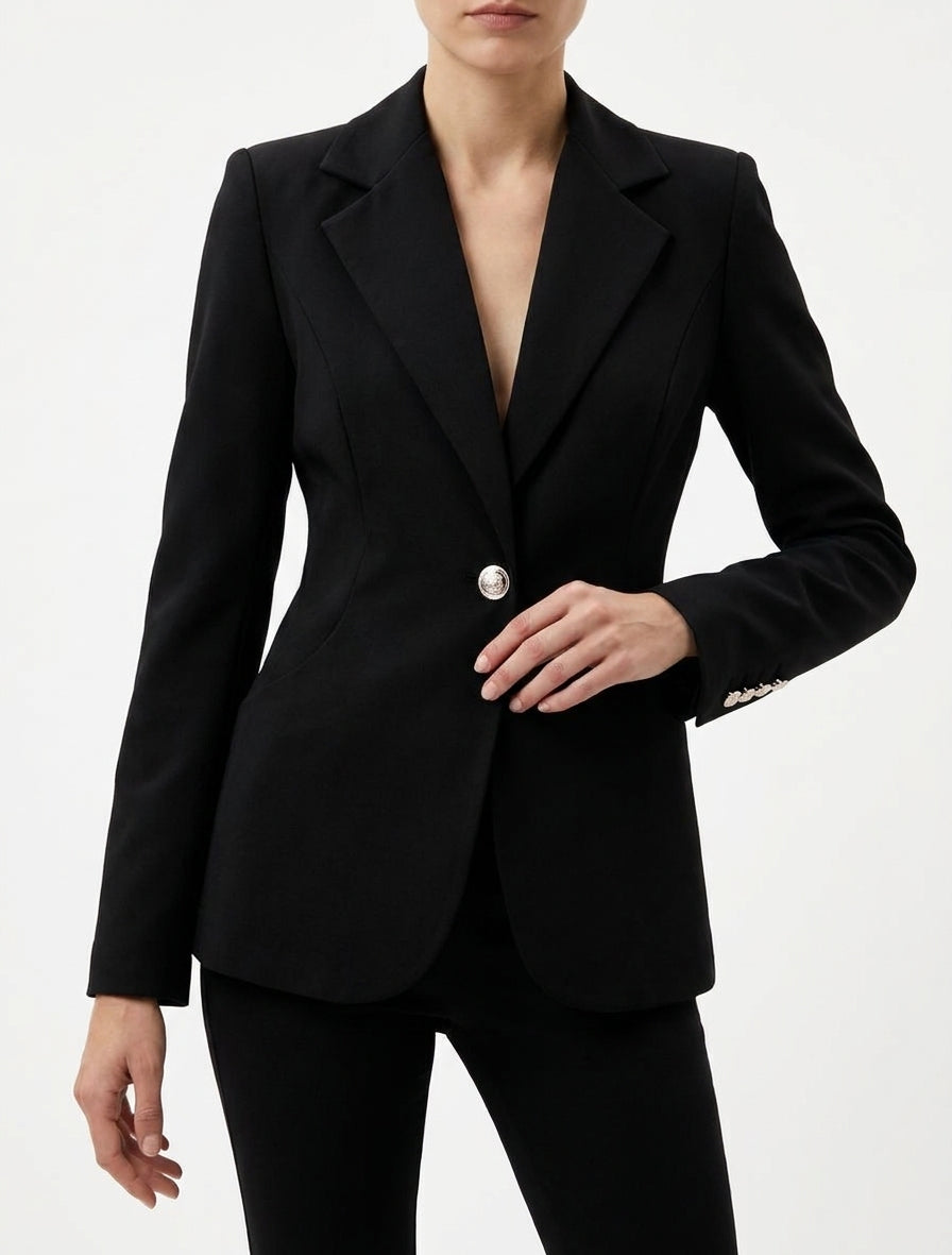 Blazer entallado con un botón y hombreras - Negro