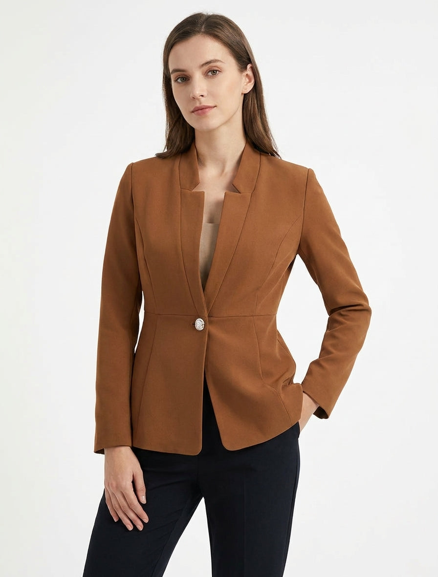 Blazer liso con cierre abotonado - Camello