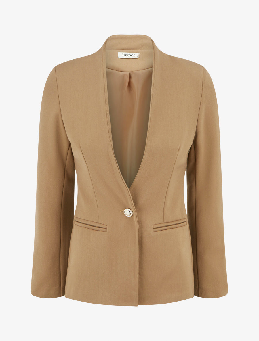 Blazer uni à col droit - Camel - 1