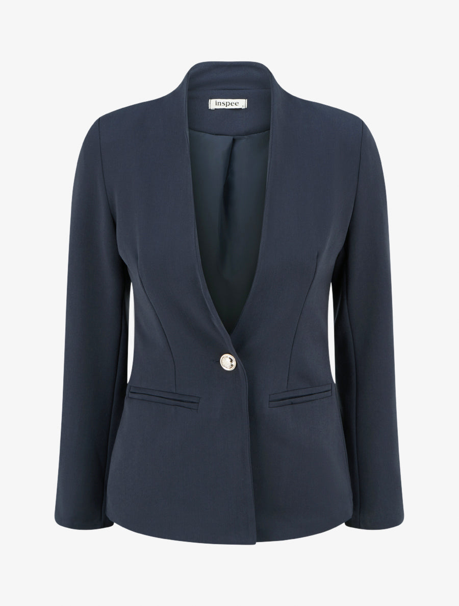 Blazer uni à col droit - Marine - 1
