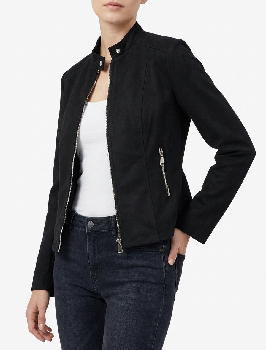 Chaqueta de ante sintético con cuello alto y cremallera - Negro