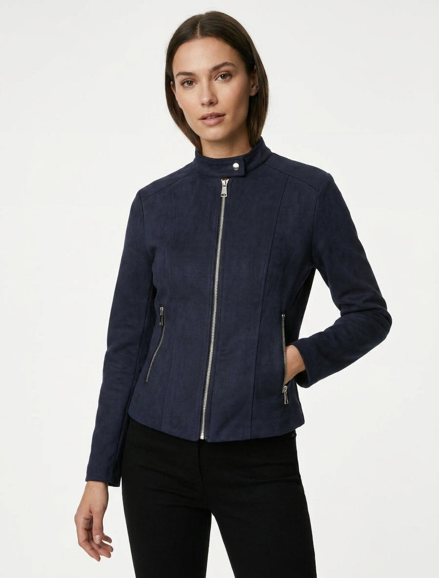 Chaqueta de ante sintético con cuello alto y cremallera - Marine