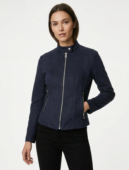 Chaqueta de ante sintético con cuello alto y cremallera - Marine