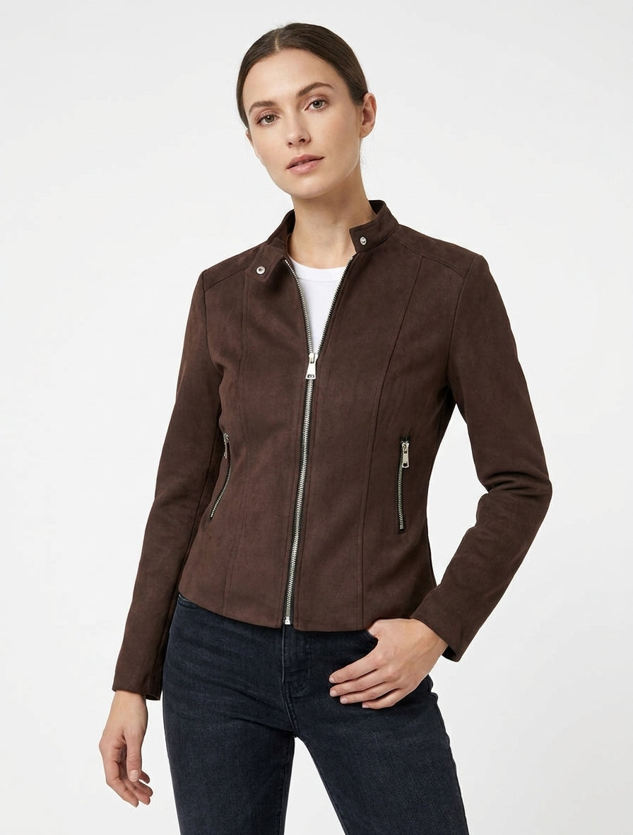 Chaqueta de ante sintético con cuello alto y cremallera - Marrón
