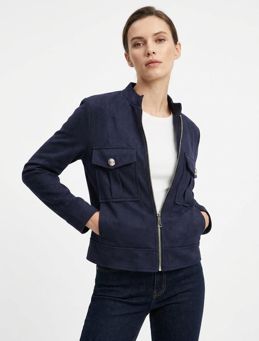 Chaqueta de gamuza con cremallera y bolsillo con solapa - Marine