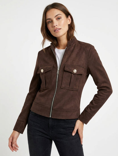Chaqueta de ante con cremallera y bolsillo con solapa - Marrón
