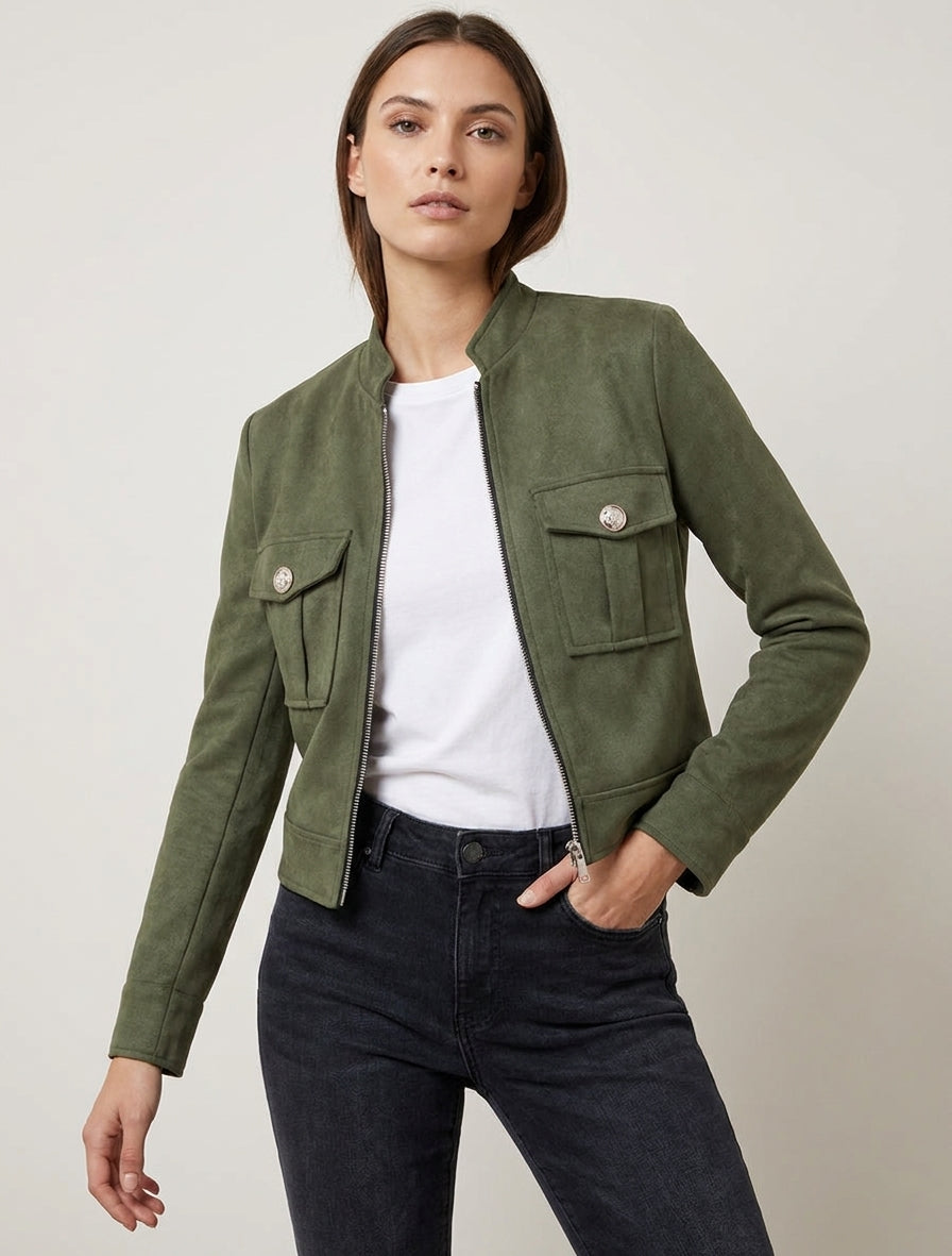 Chaqueta de ante con cremallera y bolsillo con solapa - Caqui