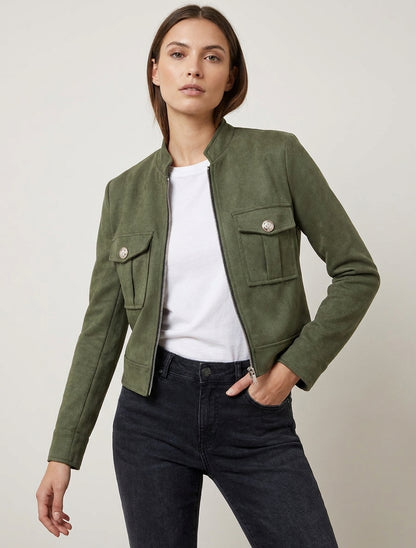 Chaqueta de ante con cremallera y bolsillo con solapa - Caqui