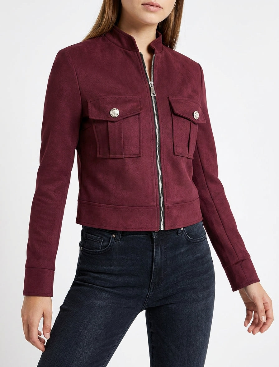Chaqueta de ante con cremallera y bolsillo con solapa - Color vino
