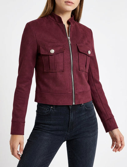 Chaqueta de ante con cremallera y bolsillo con solapa - Color vino