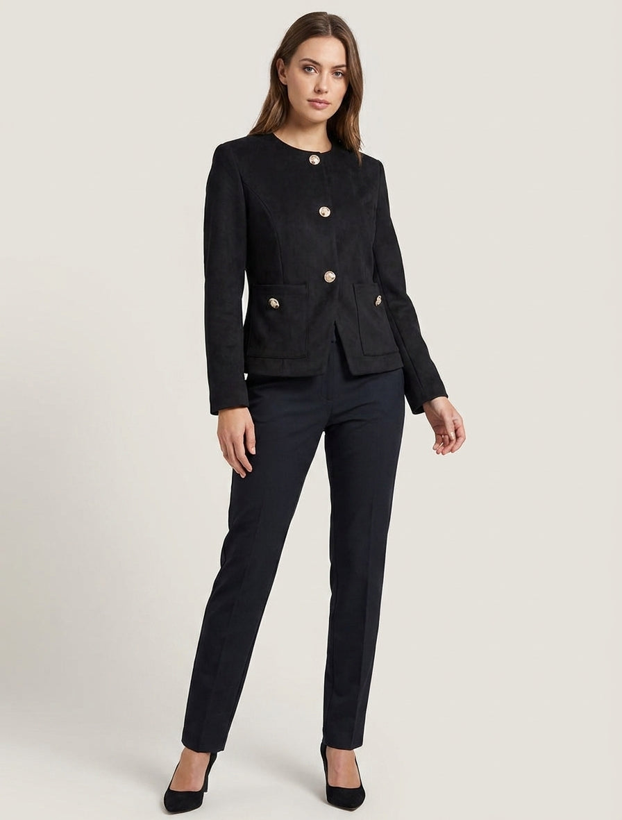 Chaqueta de ante abotonada con cuello redondo - Negro