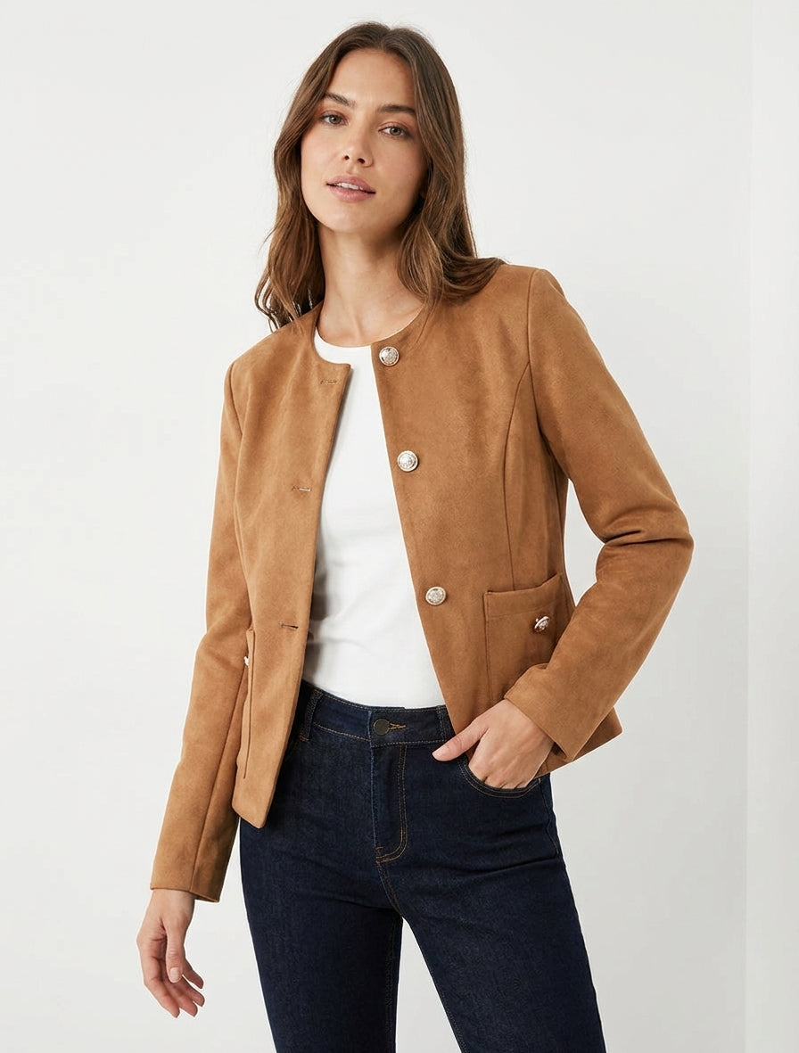 Chaqueta de ante abotonada con cuello redondo - Camello