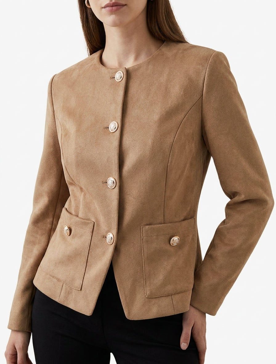 Chaqueta de ante abotonada con cuello redondo - Beis