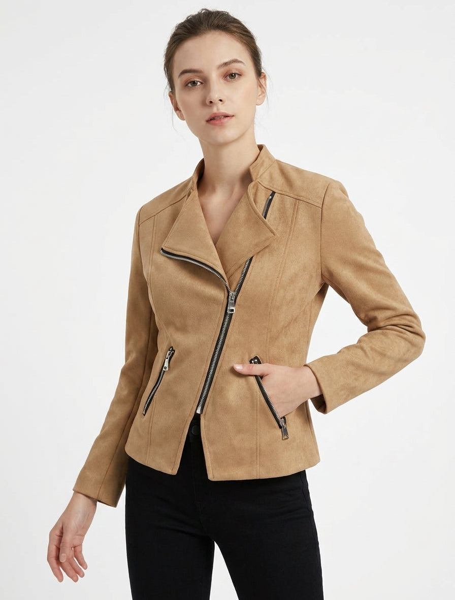 Chaqueta estilo perfecto en ante - Beige oscuro
