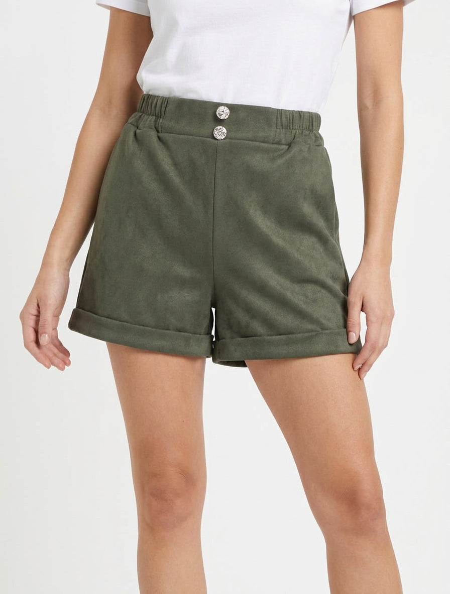 Short de ante con cintura fruncida - Caqui