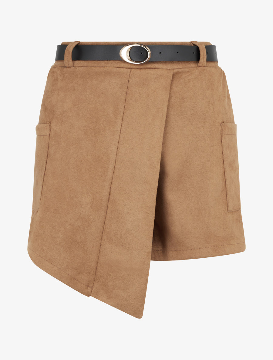 Short suédine style jupe à poches plaquées - Camel - 1