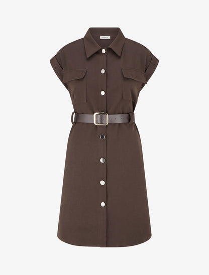 Robe chemise trapèze manches courtes - Marron - 1
